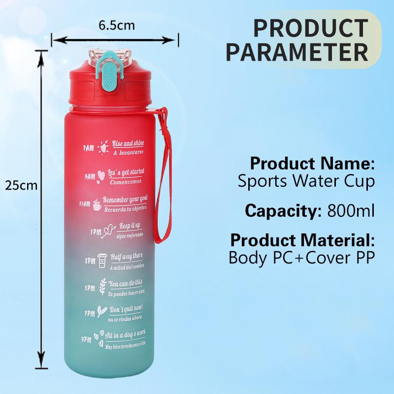800ml Sportflasche mit Zeiteinteilung BPA-frei Outdoor Farbverlauf Sportwasserflasche Tragbar Große Kapazität Fitnessstudio Trinkbecher mit Strohhalm