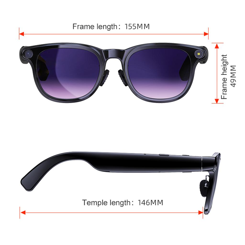 BT6.0 Real-Time Translation Glasses with 1200W Anti-Shake Camera Video Music Player Glasses Type-C Charging for Business Meeting