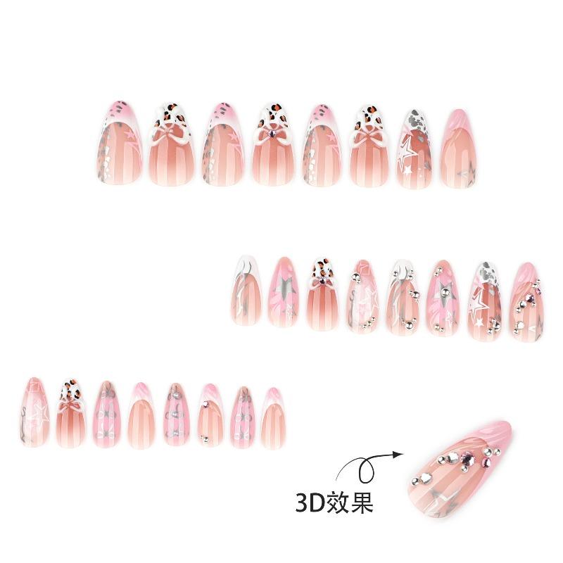 French pink sweet cool wearing nail cross-border hot-selling 3D three-dimensional bow nail art fake nail almond nail piece
