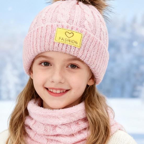 3Pcs/Set Kids Winter Hat Scarf Gloves Set Plush Ball Decor Twist Texture Brimless Hat Knitting Gloves Fleece Lining Neck Gaiter Set