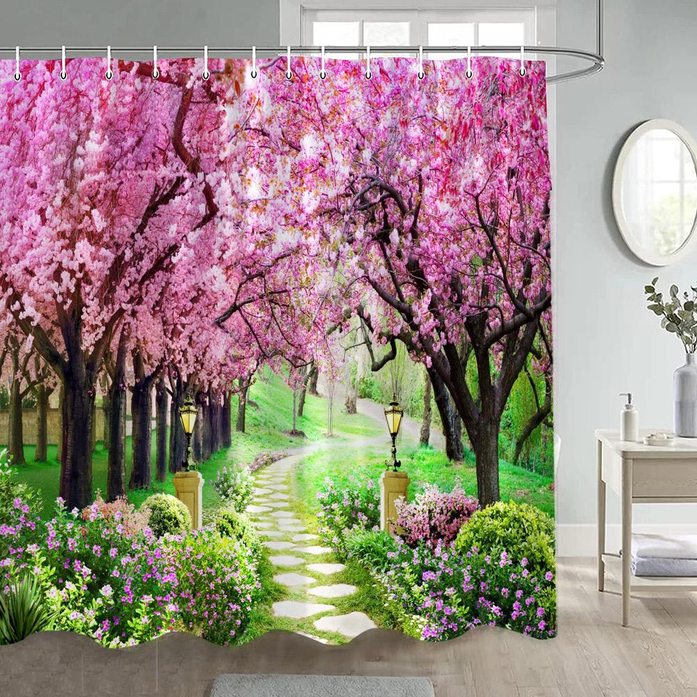 Garden Flowers Scenery Shower Curtains Natural Rustic Pink Floral Plant Modern Wall Hanging Polyester Bathroom Curtain Decor Set