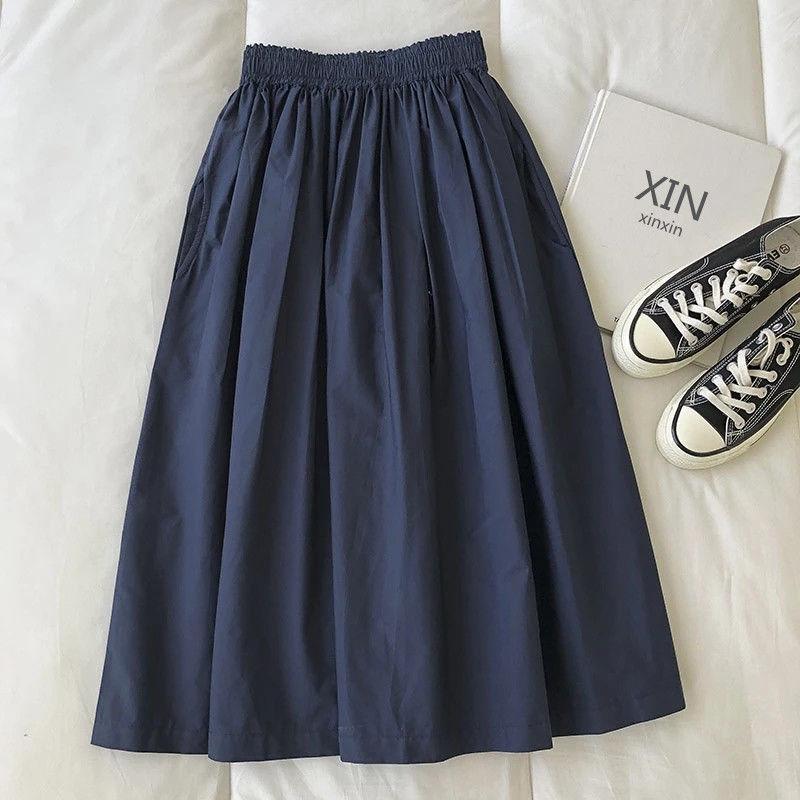 2025 Hong Kong Style Pure Cotton Midi Skirt: Solid Color, Korean-Inspired, Slimming, Versatile, Loose Fit for Summer