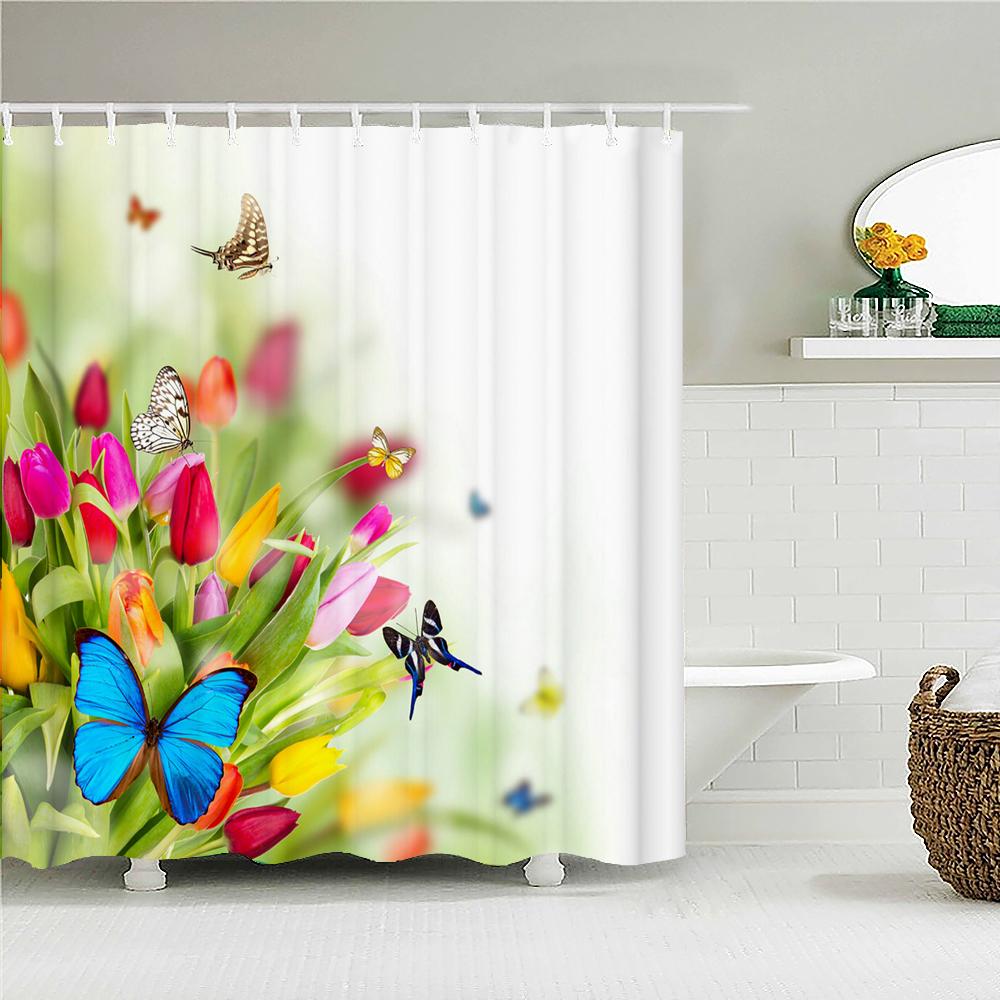 Floral Shower Curtains for Bathroom, Spring Flower Butterfly Bathroom Decor with Hooks, Washable Polyester Fabric Shower Curtain
