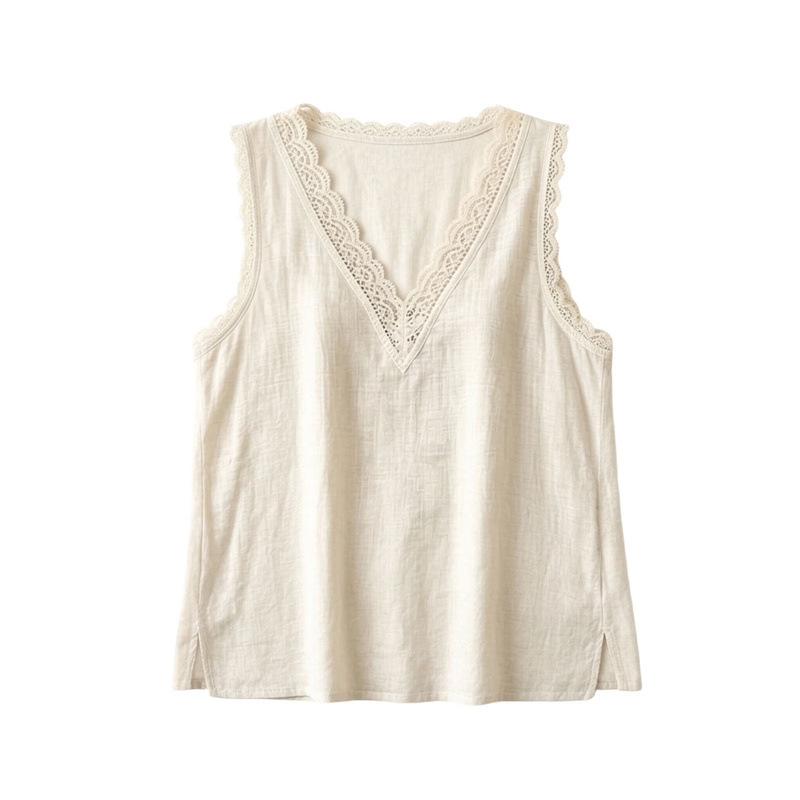 Womens Casual Summer Sleeveless V Neck Lace Trim Shirt