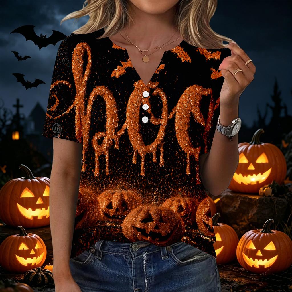 Women Casual Halloween Print V Neck Short Sleeve Button T Shirt Lightweight Soft Fabric Relaxed Fit Top for Everyday Wear
