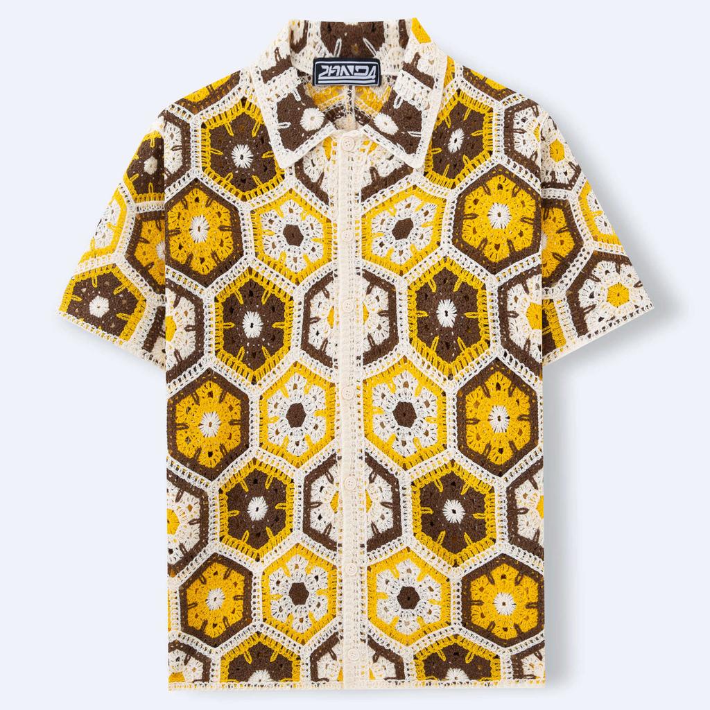 Casual Knitted Short Sleeve Shirt for Men Button Down Crochet Hollow Out Shirt Top Men's Summer Vacation Vintage Knit Golf Beach Collared Shirts Tops