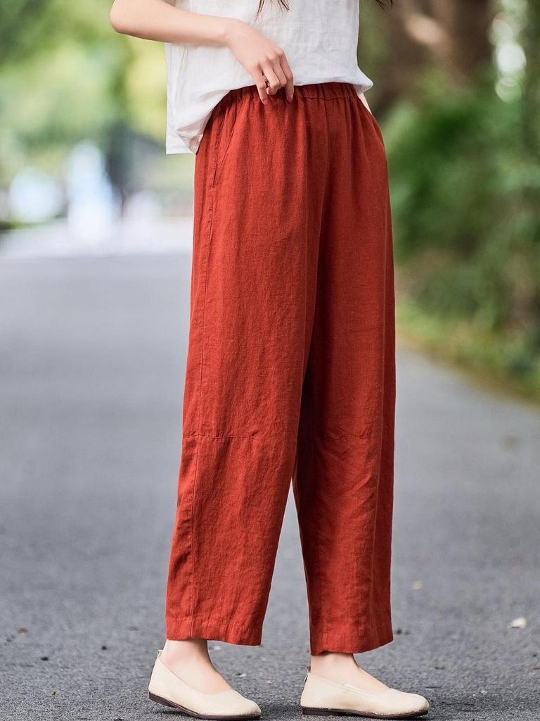 Women's Artistic Retro Linen Harem Pants - 2026 Spring Collection with Elastic Waist and Slimming Fit