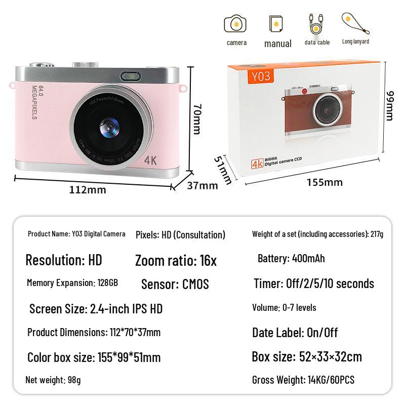 4K HD Mini Digital Camera with Optical Zoom for Students