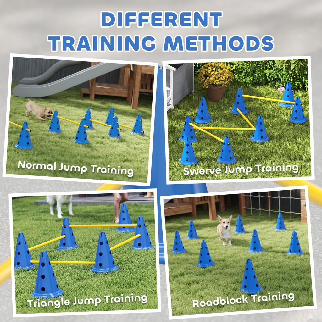 Dog Agility Equipment Set Of Eight Cones Eight Poles W Carry Bag Four Piece Adjustable Height Jumping Obstacles Blue