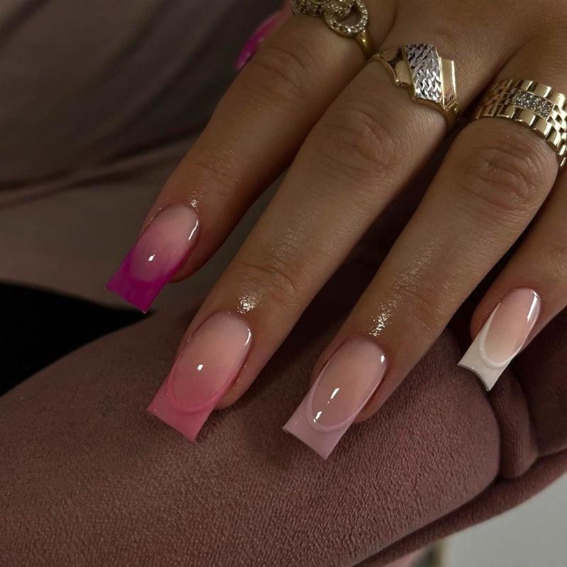 24Pcs Long Press On Nails Coffin French Fake Nails Tip Gradient Acrylic Nails Glossy False Nails for Women Girls