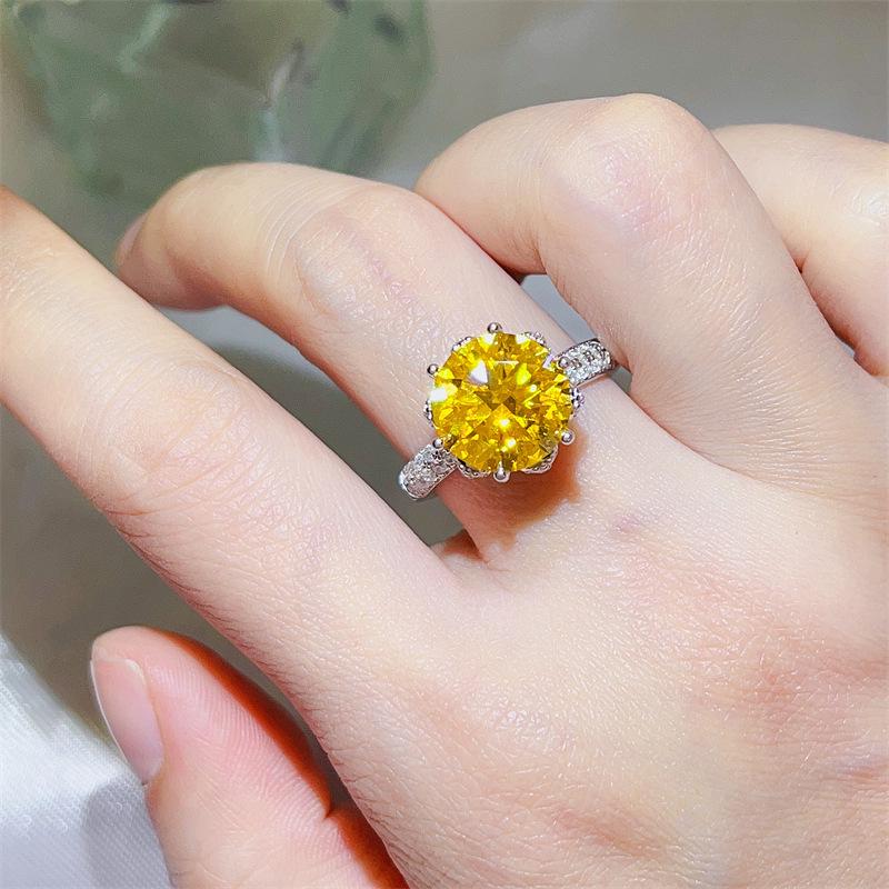 Ice Queen 5-Carat Yellow Moissanite Ring, Eight-Heart Cut with Colorful Fire