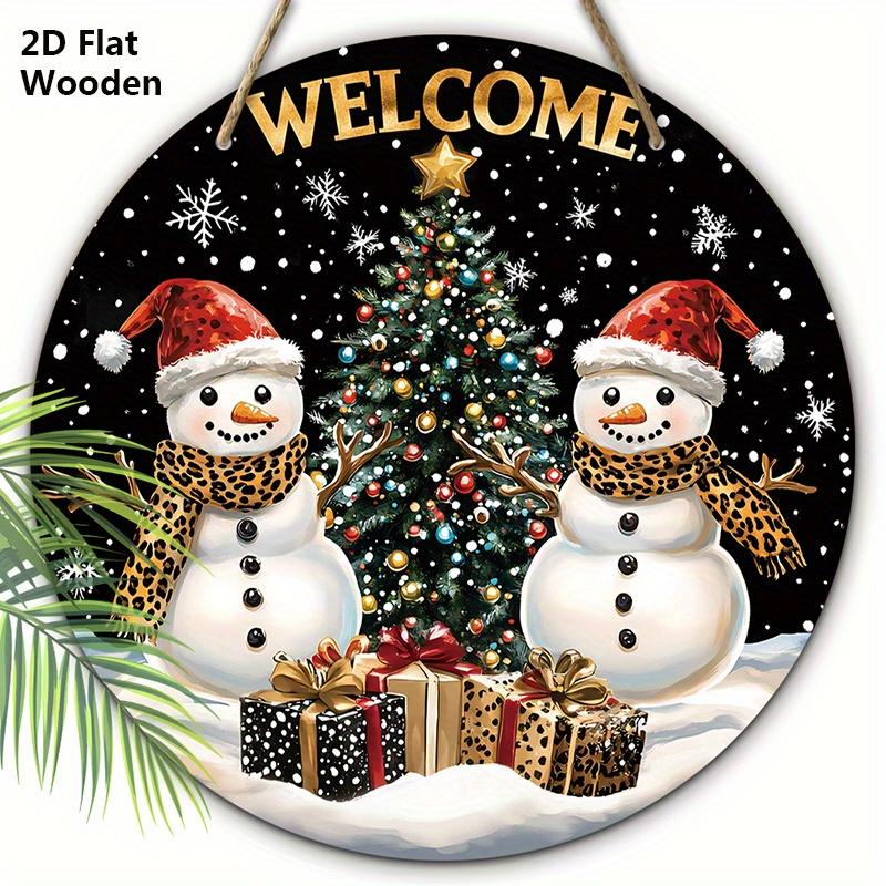 Rustikální vánoční dřevěná uvítací cedule se vzorem sněhuláka - Kulatá cedule Navidad na vchodové dveře, nástěnná dekorace - Ideální vánoční dekorace