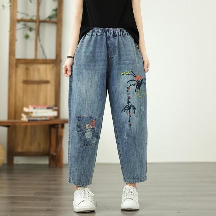 Summer Women Plus Size High Waist Loose Jeans Vintage Harem Pants Elastic Waist Patchwork
