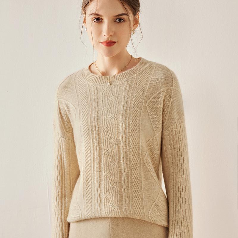 Women's Floral Cashmere Sweater—Round Neck, Drop Shoulder, Pullover, Solid Color, Versatile Knit, Perfect for Autumn and Winter.