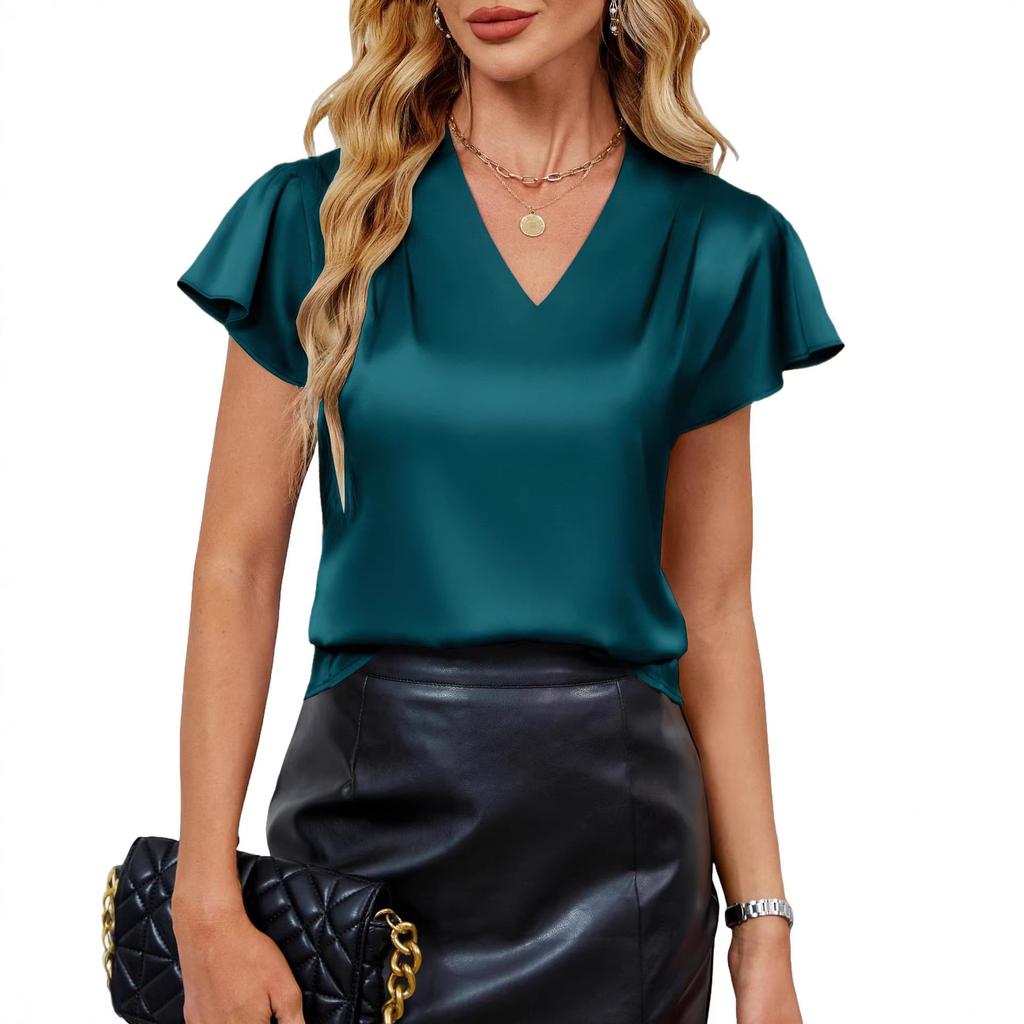 Summer new V-neck chiffon shirt pleated loose short-sleeved top short-sleeved