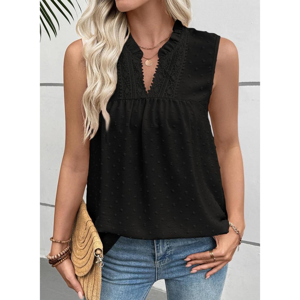 Fashionable Women's Lace Casual Sleeveless Polka Dot Top