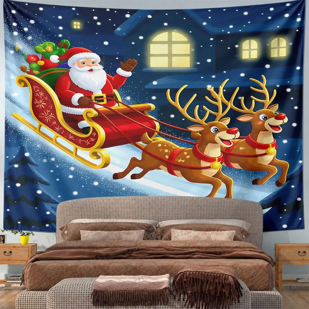 Santa Sleigh Night Flight Tapestry Wall Hanging Christmas Village Decor for Bedroom Living Room Magical Gift