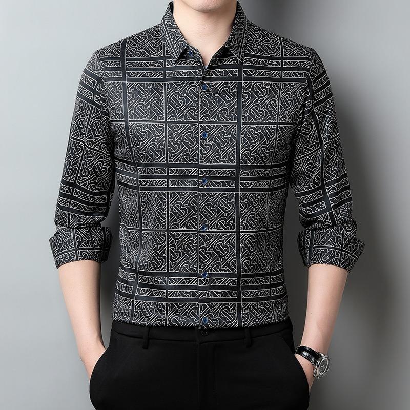 Spring and Autumn Men's Loose Long Sleeve Shirt Business Casual Button Cardigan Geometric Print Top