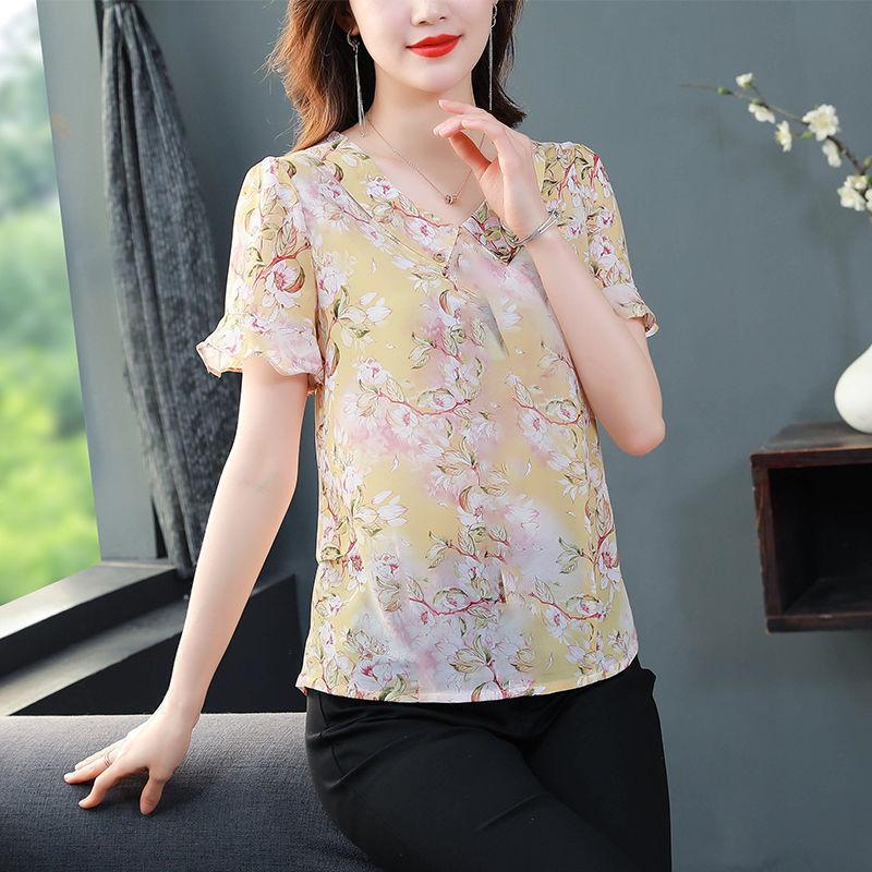 Puppenhals-Blumen-Chiffon-Hemd, Damen-Kurzarmbluse, Sommer, neues lockeres Print-Top M-4XL