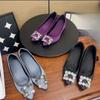 Fashion Women's Fashion Pointed Toe Shallow Slip Rhinestone Square Buckle Soft Sole Non-Slip Flat Inside Heightening Single Shoes
