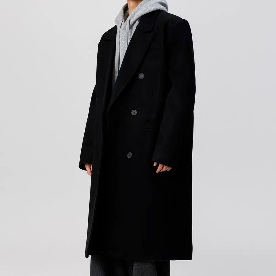 2025 Men's Double-Breasted Wool Trench Coat - Mid-Length, Padded Shoulders, Over-the-Knee Fit, Autumn/Winter Collection