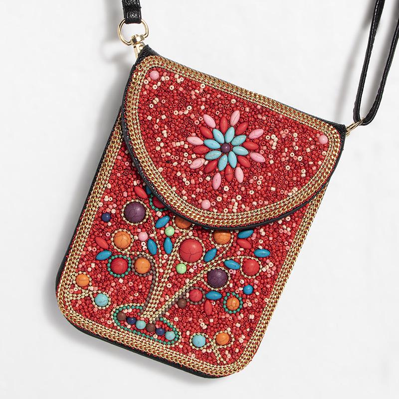 Exquisite Bohemian Style Crossbody Bag with Rice Beads, Shells, and Flowers