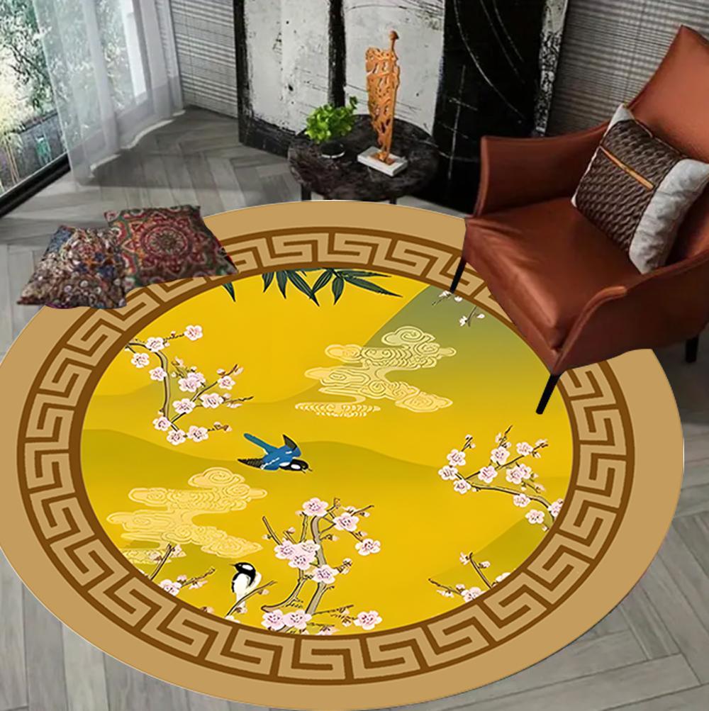 Chinese Palace Style Plum Blossom Magpie Round Area Rug Auspicious Cloud Pattern Soft Floor Carpet for Leisure Spaces Diameter 60cm