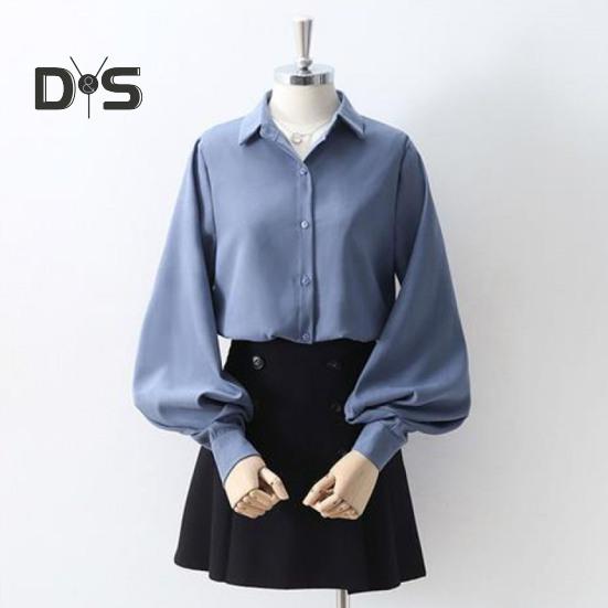Women Shirt Lapel Lantern Long Sleeve Single Breasted Shirt Tops Solid Color Loose Fit Work Casual Daily Tops