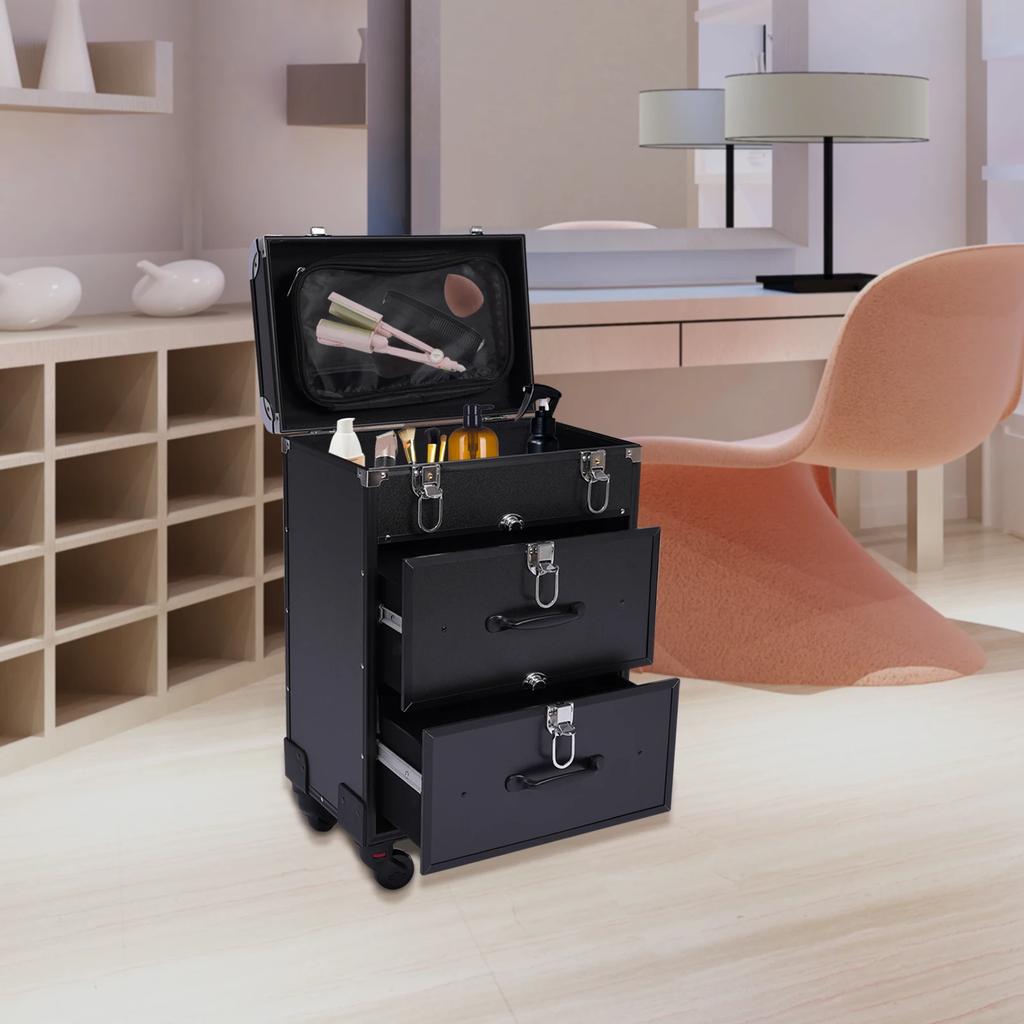 Rolling Makeup Train Case Black Salon Cart Cosmetic Trolley Travel Nail Art Storage Organizer for Face Painting Hairstylist