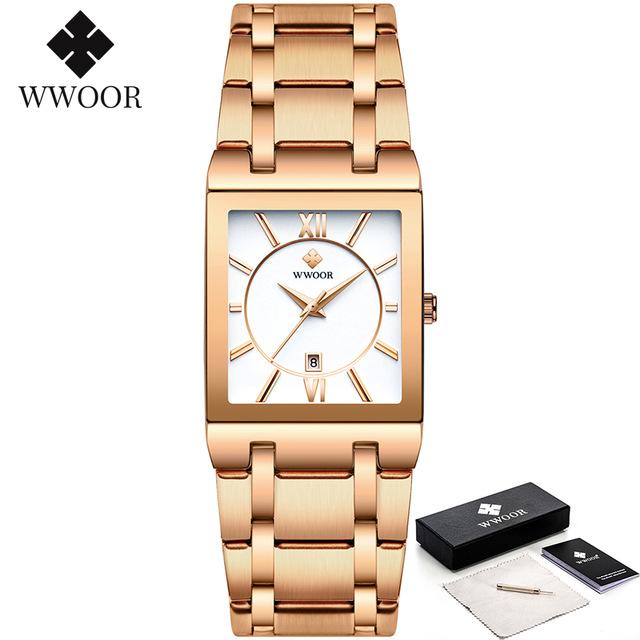 Fashion Stainless Steel Watches Men WWOOR Square Waterproof Quartz Watch Men Top Brand Luxury Gold Black Wristwatch For Man