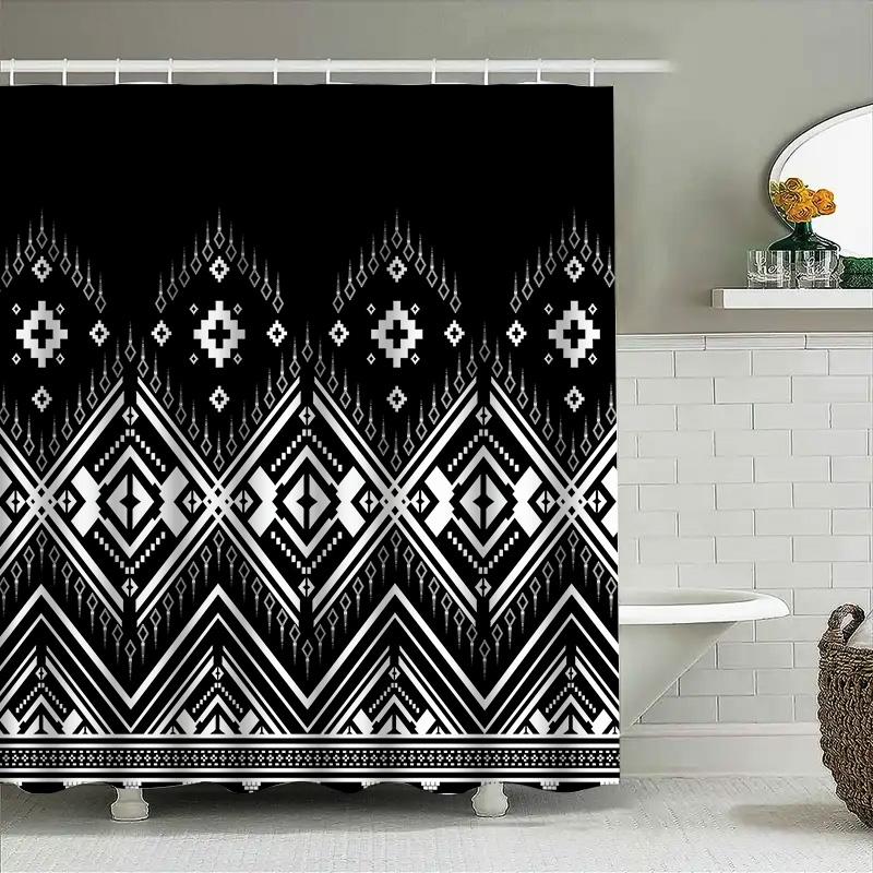

Modern Black White Geometric Shower Curtain Waterproof Bathroom Decor Customizable Size Available Contemporary Bath Mat Sets for 90x180cm