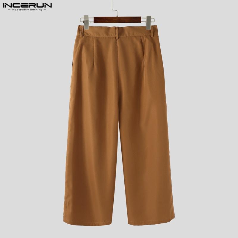INCERUN Men High Zip-up Waist Solid Casual Pleating Long Wide Legs Pants Trousers