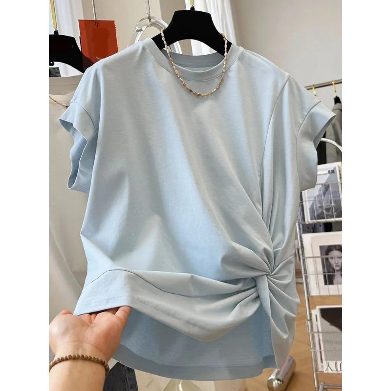Pure Cotton Design Unique Pleated Twist Short-sleeved T-shirt for Women Summer Korean Style