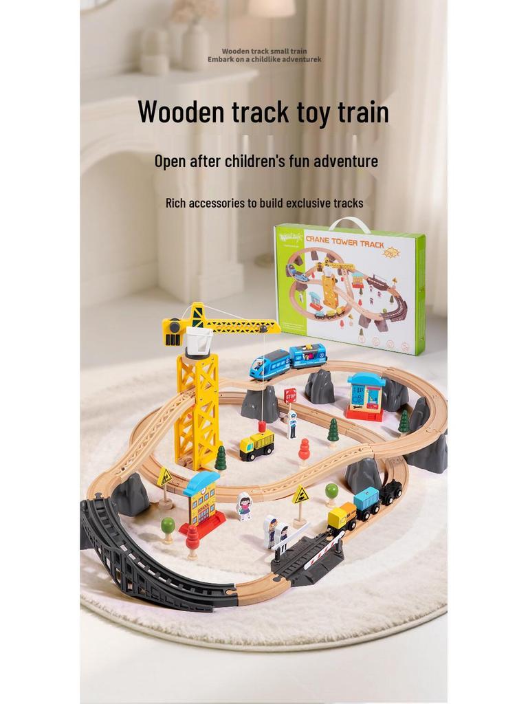 Wooden Train Toy Set with Tower Crane for Kids - Educational Assembly Playset