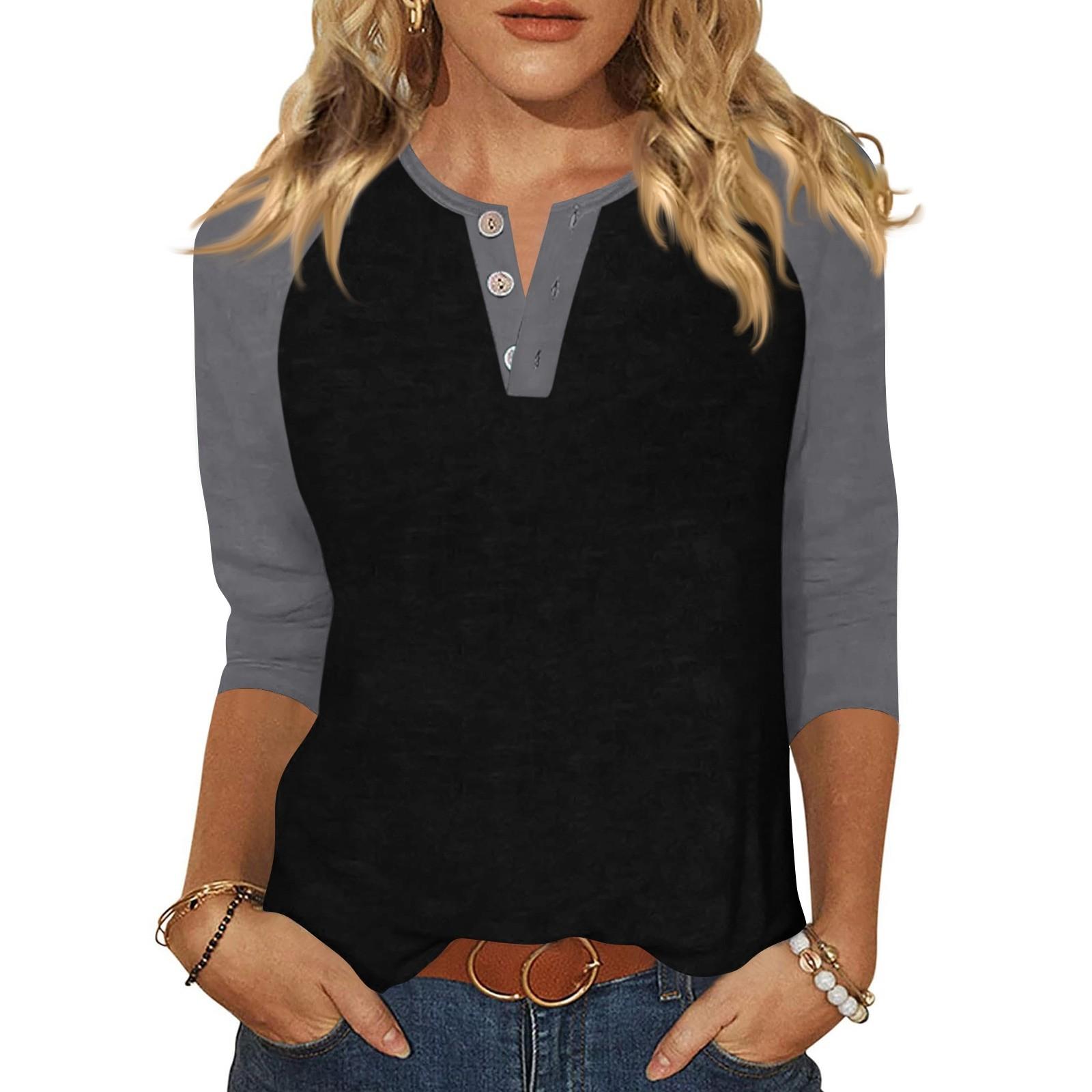

Жен. Футболка С принтом Пуговицы Рукав 3/4 Повседневные Выходные Мода Классический Классический V-образный вырез Обычный Верх XXL чёрный