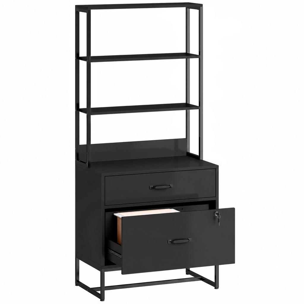 Filing Cabinet with Drawers, Lockable Storage Cabinet with Bookshelf for A4, Letter and Legal Formats, Black