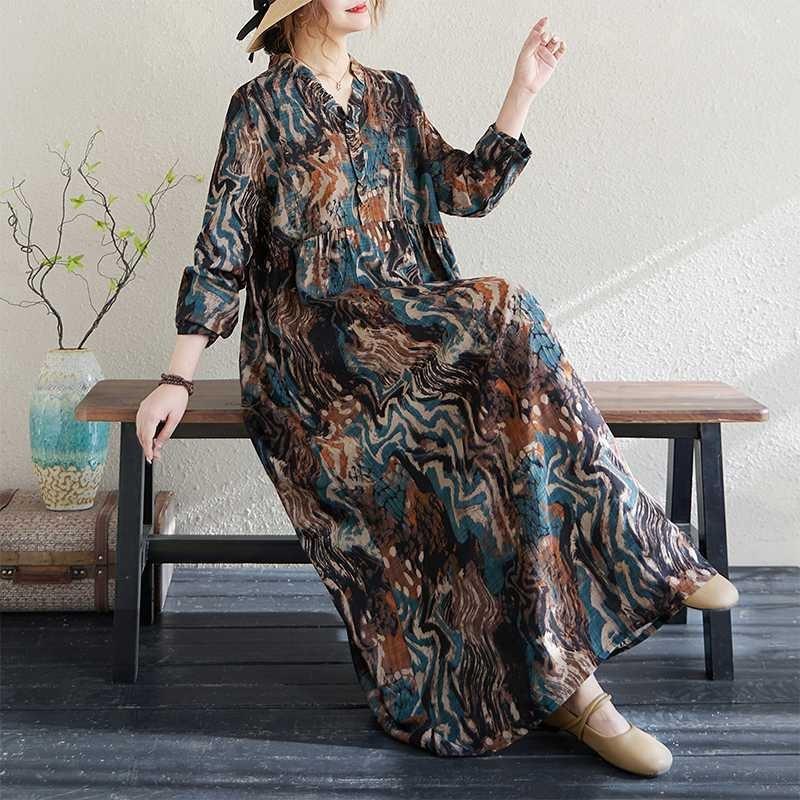 Real Spring and Summer New Retro Cotton and Linen Printing Loose Casual Fungus Lace Collar Long-sleeved Big Swing Dress