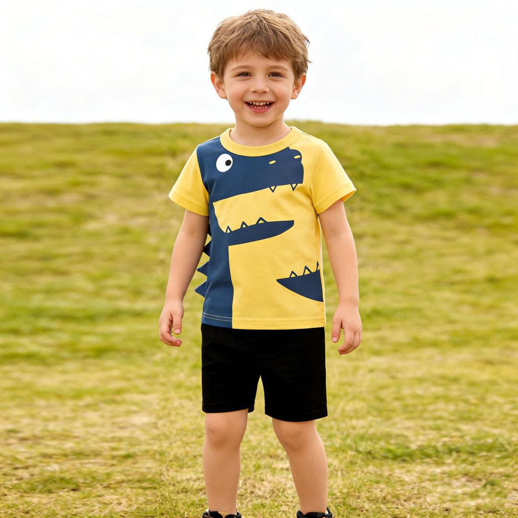 Korean Summer Boys Short Sleeve T Shirt with Cartoon Crocodile Print