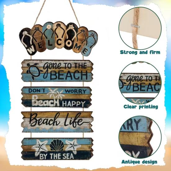 Wood Flip Flop Beach Sign, Hanging Coastal Welcome Door Sign, Vintage Rustic Farmhouse Wall Plaque for Front Door, Porch, Balcony, Summer Decor