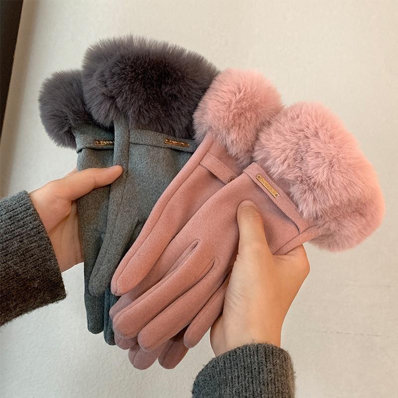 Warm gloves winter women's fleece thickened cute windproof plush cotton gloves riding driving cold