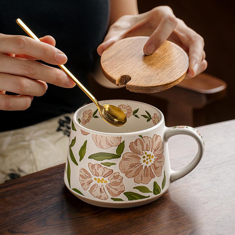 Super Beautiful, Vintage Floral Mug Ceramic Coffee Cups Office Water Bottle for Women,Capacity 380ml,Thickened Cup Wall, Pink
