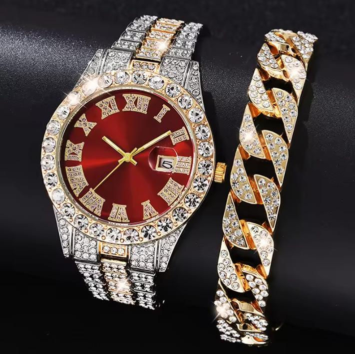 

Business Large Dial Full Diamond Sparkling Steel Belt Calendar Quartz Watch (2Pcsset) large price