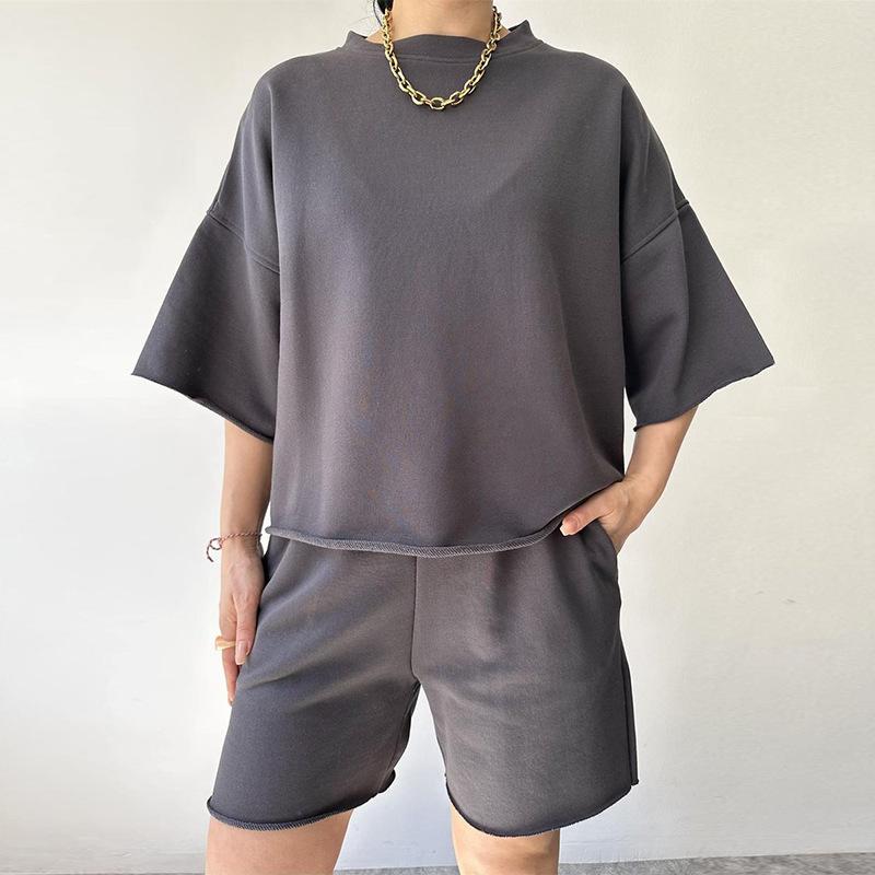 Street Style New Casual Outfit For Women, Short-Sleeved Round-Neck Loose Top + Tie Shorts Two-Piece Set
