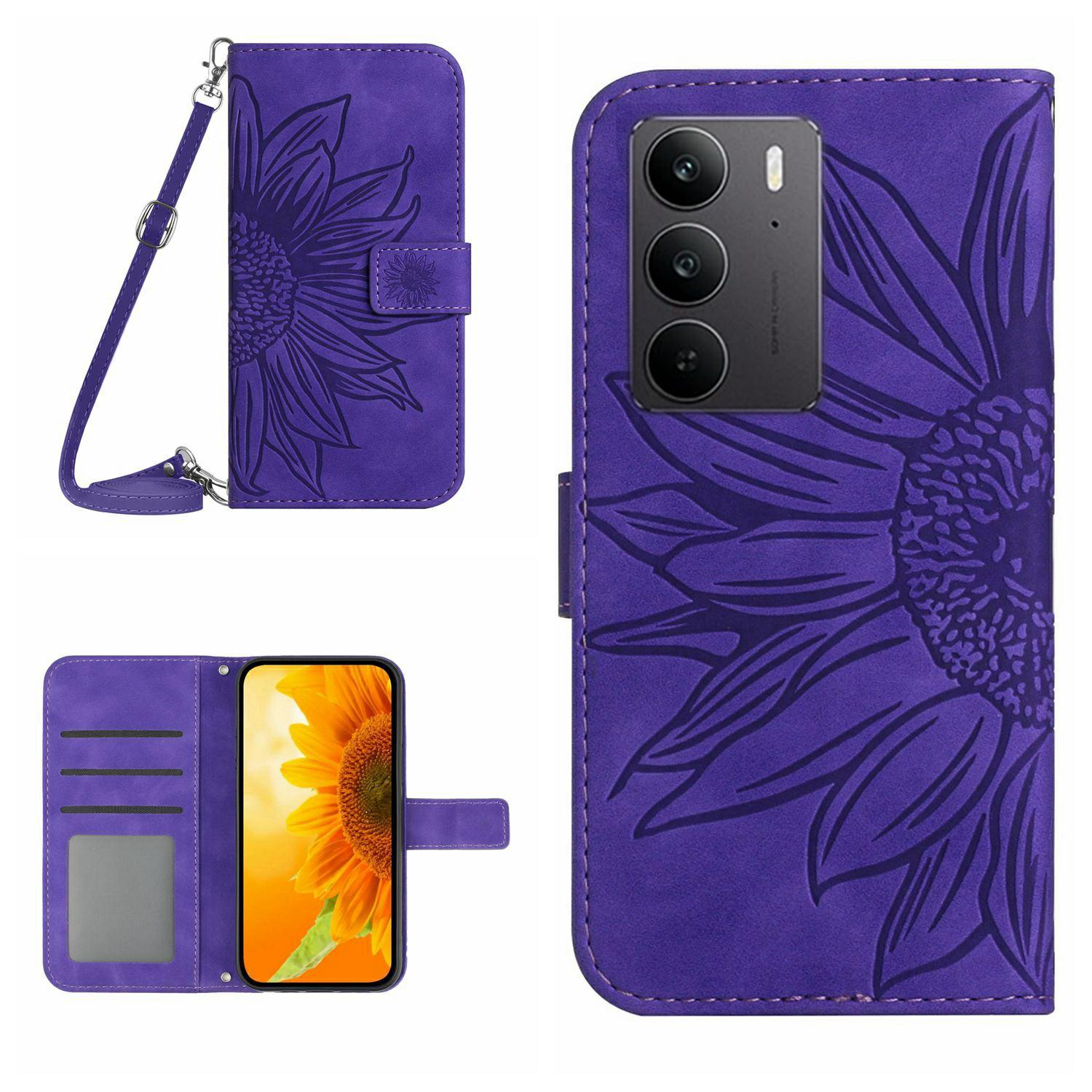 

For Realme C75 4G Case Sunflower Imprint PU Leather Phone Cover with Long Strap Dark Purple