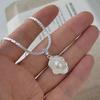 Korean S925 Sterling Silver Fried Egg Pearl Snake Bone Chain Necklace