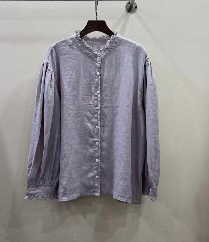 1116 Spring New Women's Round Neck Japanese Linen Top Shirt Loose Shirt Come and Go Sewing Retro Style Long Sleeves