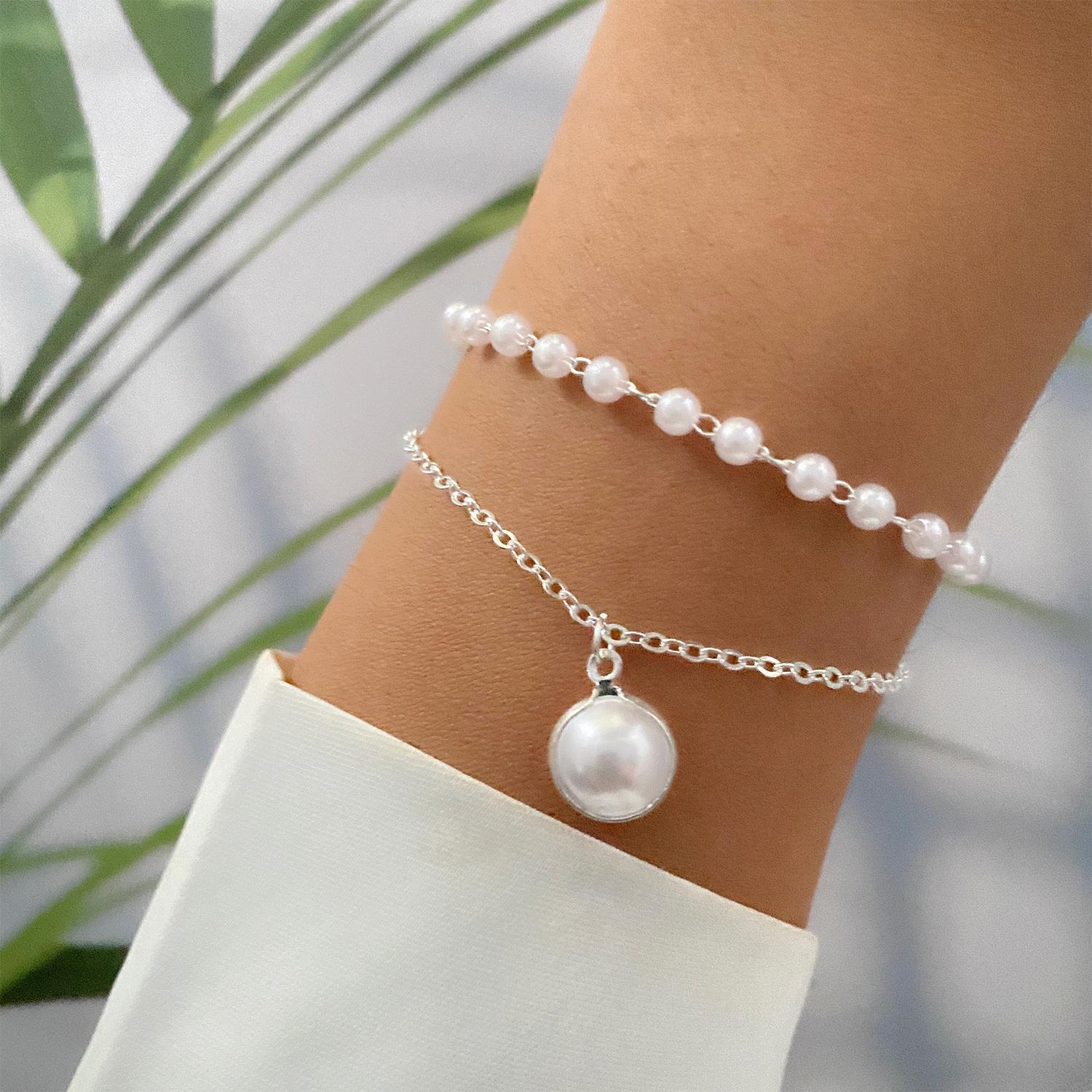 

Винтажный простой двухслойный браслет с жемчугом серебряный