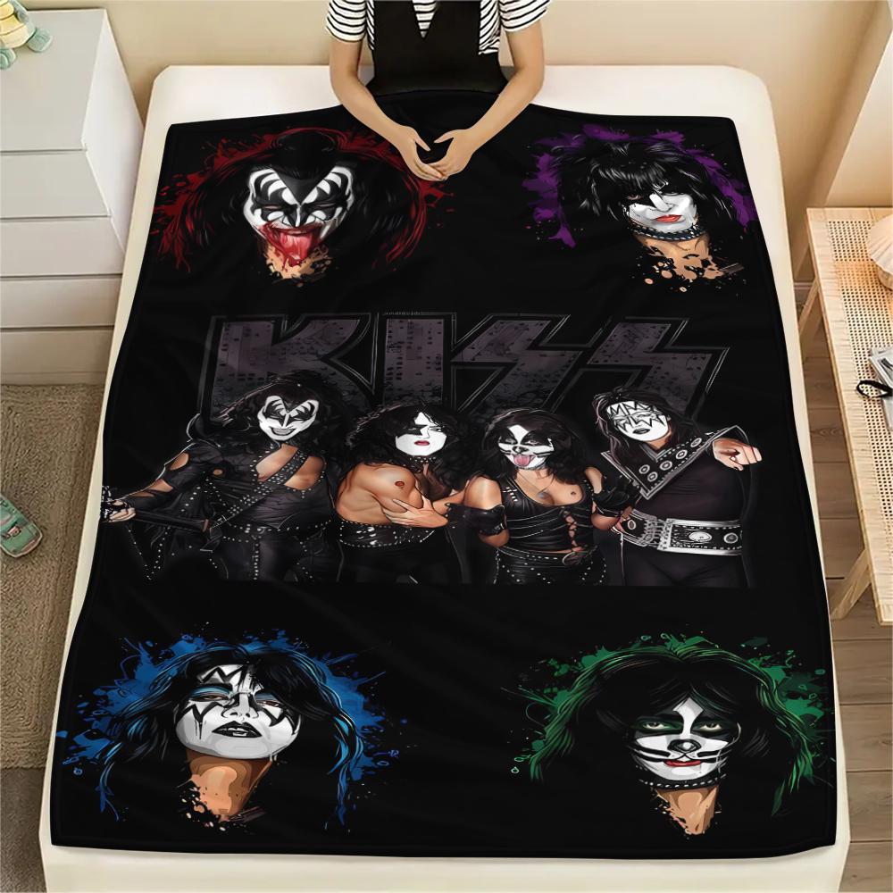 1Pc Rock Kiss Band Print Flannel Blanket, High Quality Comfortable for All Seasons, Home Decor, Warmth and Comfort, Perfect for Christmas Gifts