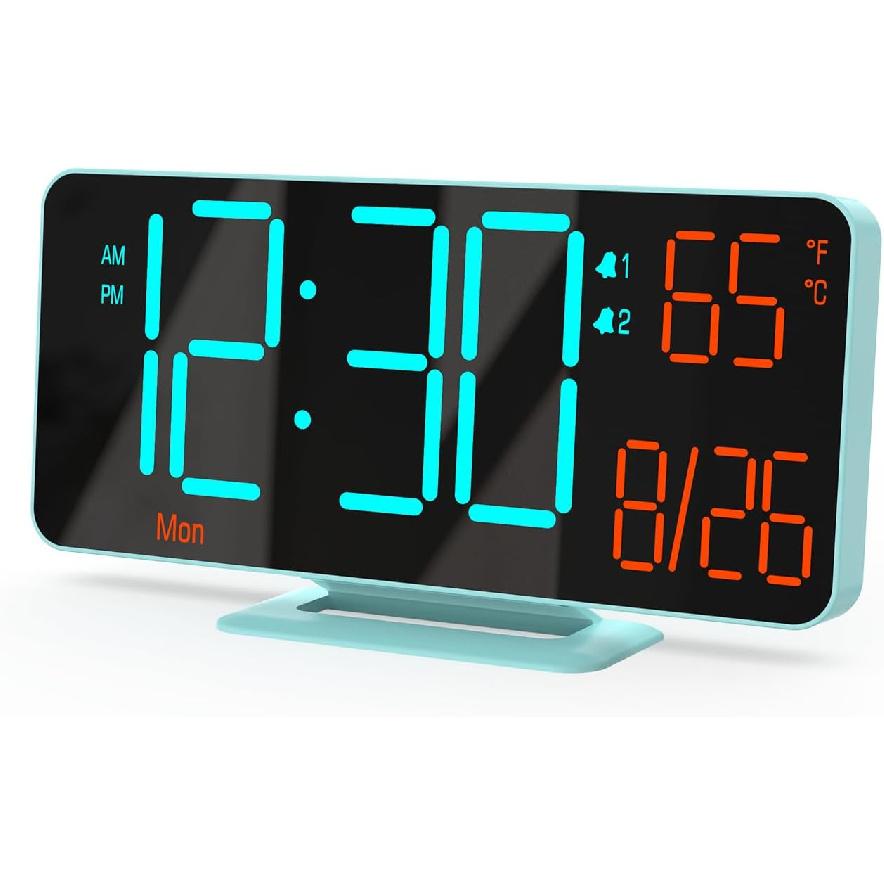 KOSUMOSU Digital Clock for Bedroom 6.7in Small Digital Alarm Clock Black, Dimming,12/24h,Date,Day of Week, Indoor Temperature,Desk Clocks for