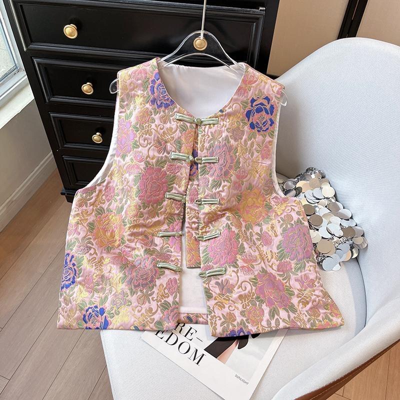 

Темпераментный жилет женский 2025 весна и лето цвет верхняя одежда круглый вырез дисковая застежка жилет 3XL ([Recommended 138-75kg])